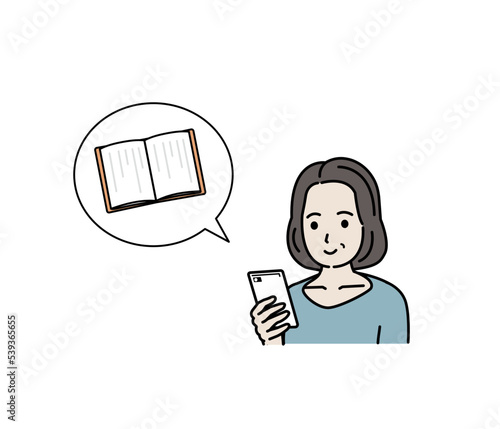 スマートフォンで電子書籍を読む中年の女性のイラスト