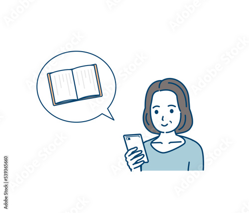 スマートフォンで電子書籍を読む中年の女性のイラスト