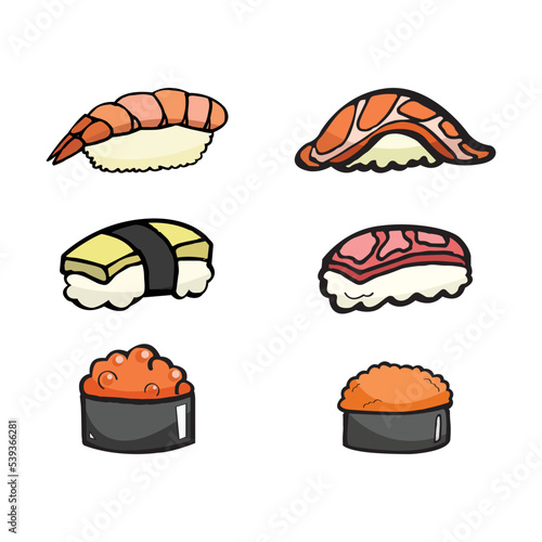 set of japanese food, sushi, shrimp, omelette, fish, fish egg cartoon object, vector doodle art