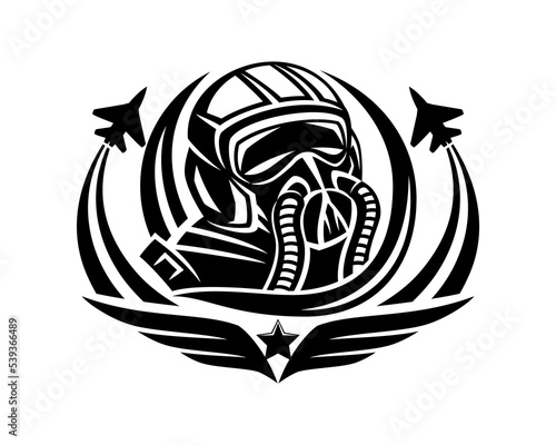 Black aviation helmet and military aircraft sign on a white background.