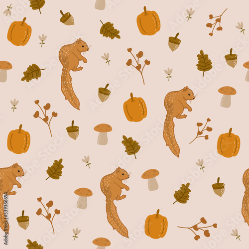 animal forest autumn seamless pattern with pumpkin and chipmunk illustration