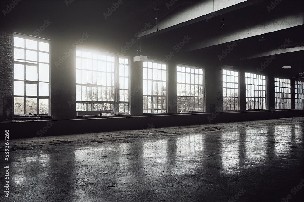 Fototapeta premium Sun peeking into large dark empty grunge parking structure industrial interior.