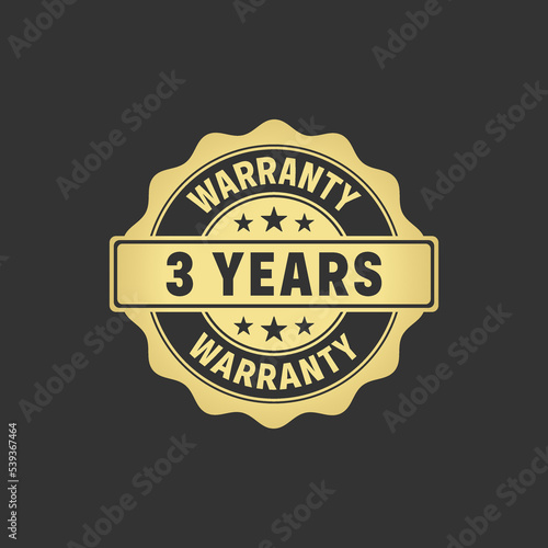 Warranty Stamp Vector or Gold Warranty Label Vector Isolated. Best Quality Warranty Gold Seal Isolated Vector. Gold colored 3-year warranty label. Suitable for warranty product logos.