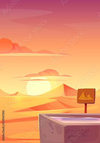 Desert landscape with golden sand dunes, stone drinker with water for animals and wooden banner with pyramids under pink dusk cloudy sky. Hot dry deserted background, Cartoon vector illustration