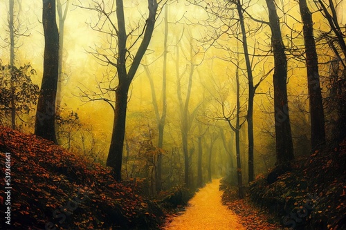 Mysterious pathway. Footpath in the beautiful, foggy, autumn, mysterious forest, among high trees with yellow leaves.