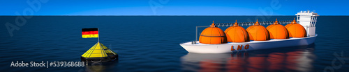 gas crisis in Germany - LNG tanker drives to a life raft with a German flag LNG tanker - 3d illustration