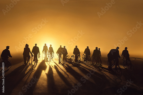 Silhouette of cyclists at sunrise  casting long shadows