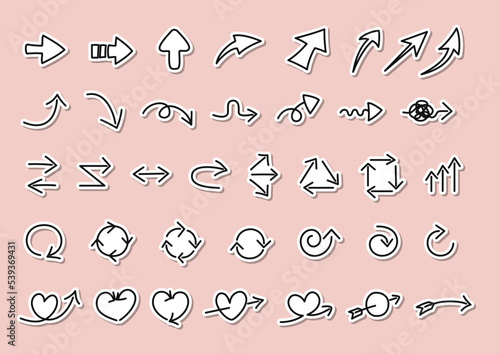 かわいい手描き風いろいろな矢印のセット　ステッカー風