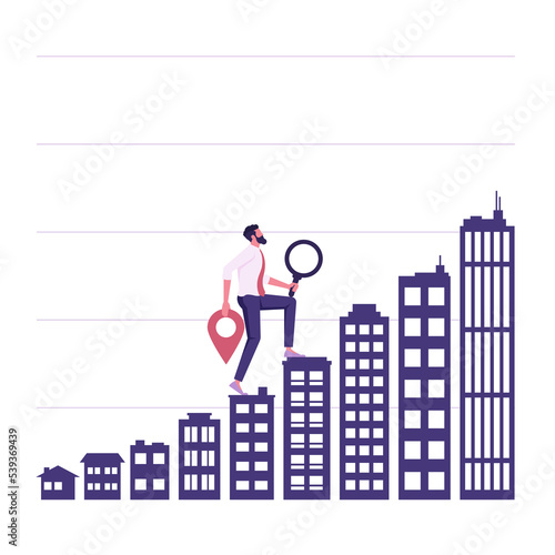 Businessman walking up Ascending buildings forming bar graph, Property investment and mortgage business concept