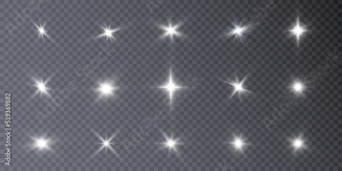 Set of isolated highlights in white color. Glowing realistic glare for design work. Twinkling stars.