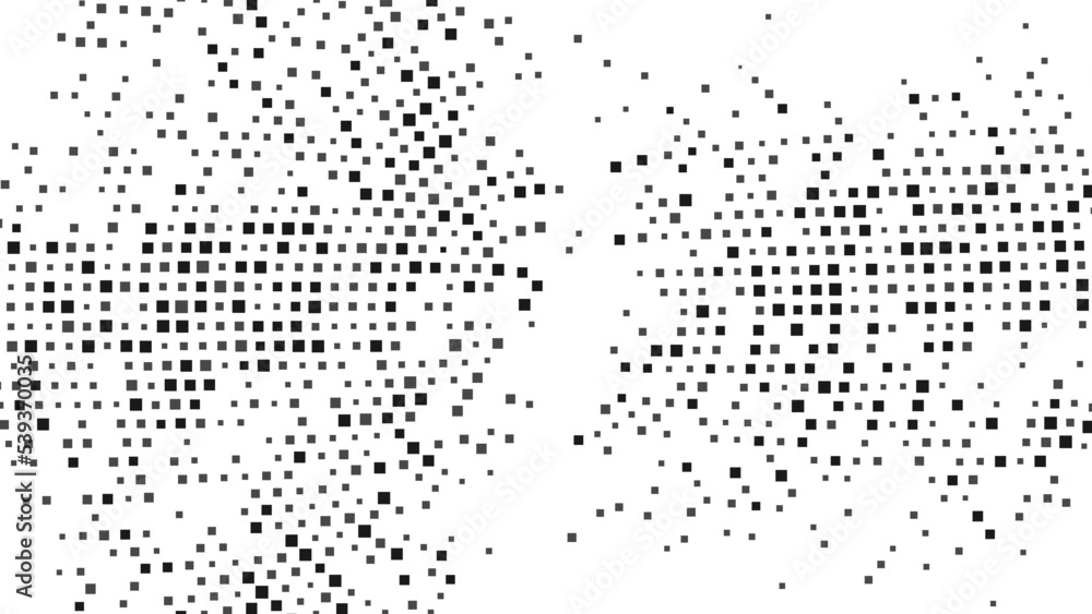Monochrome background frame. Halftone texture of particles, dots. A circular spiral. Random pattern of intertwining squares. Banner for presentations, medina, technology. Vector illustration.