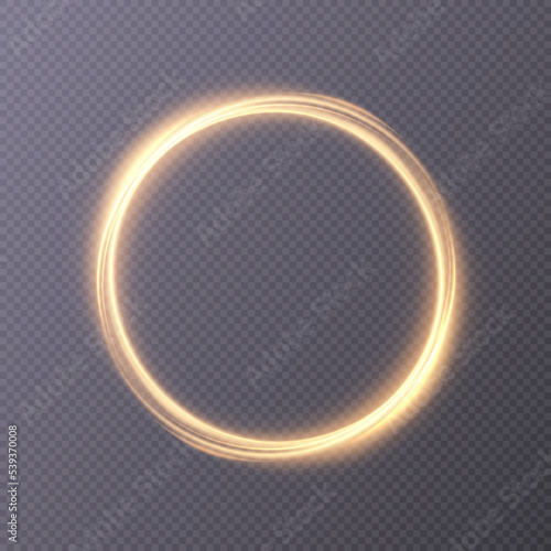Luminous ring with yellow illumination. Round gold frame with glitter, element for advertising and design. Vector illustration.