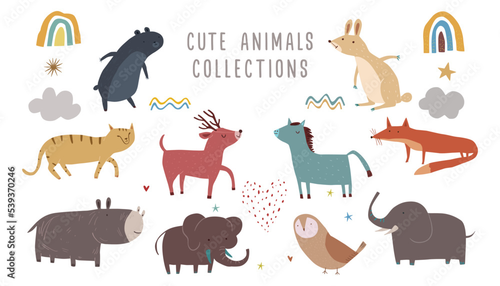 Obraz premium Vector illustration of cute mammals, Cute animals character collection