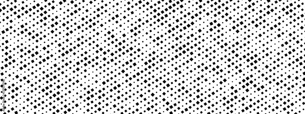 Geometric halftone mosaic background. Texture of chaotic squares, dots, fragments, pixel. Intersection of lines of the ornament. Banner for technology, websites, presentations. Vector