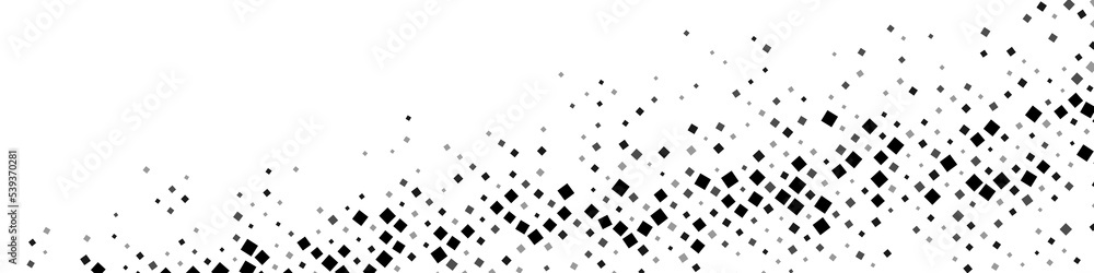 Geometric halftone mosaic background. Texture of chaotic squares, dots, fragments, pixel. Intersection of lines of the ornament. Banner for technology, websites, presentations. Vector