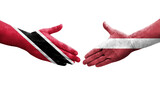 Handshake between Latvia and Trinidad Tobago flags painted on hands, isolated transparent image.