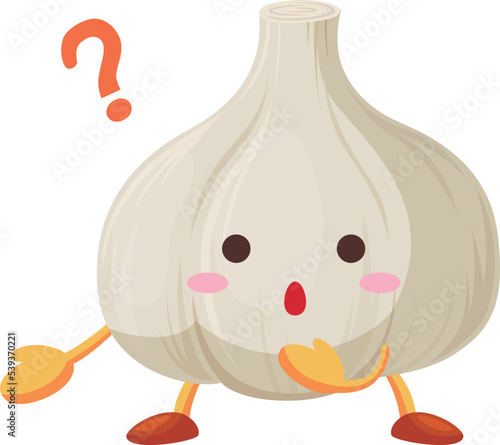 不思議そうな顔をしたかわいいニンニクのキャラクターのイラスト