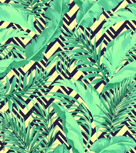 Green tropical palm leaves seamless vector pattern on the geometric black background.Trendy summer print.  