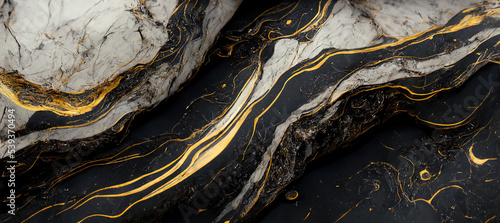 The texture of black and white marble with gold veins. Natural pattern. Abstract 3D illustration of marble surface for backgrounds, wallpapers, photo wallpapers, murals, posters.