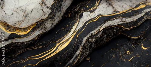 Panel kuchenny z motywem The texture of black and white marble with gold veins. Natural pattern. Abstract 3D illustration of marble surface for backgrounds, wallpapers, photo wallpapers, murals, posters.