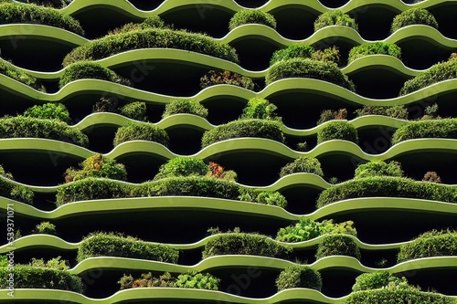 Green facade, vertical garden in architecture. Ecological building. Green architecture