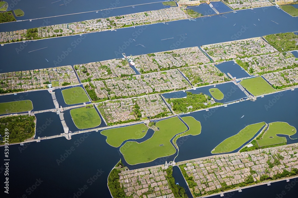 Fototapeta premium Modern sustainable neighbourhood in Almere, The Netherlands. The city heating (stadswarmte) in the district is partially powered by a solar panel island (Zoneiland). Aerial view.