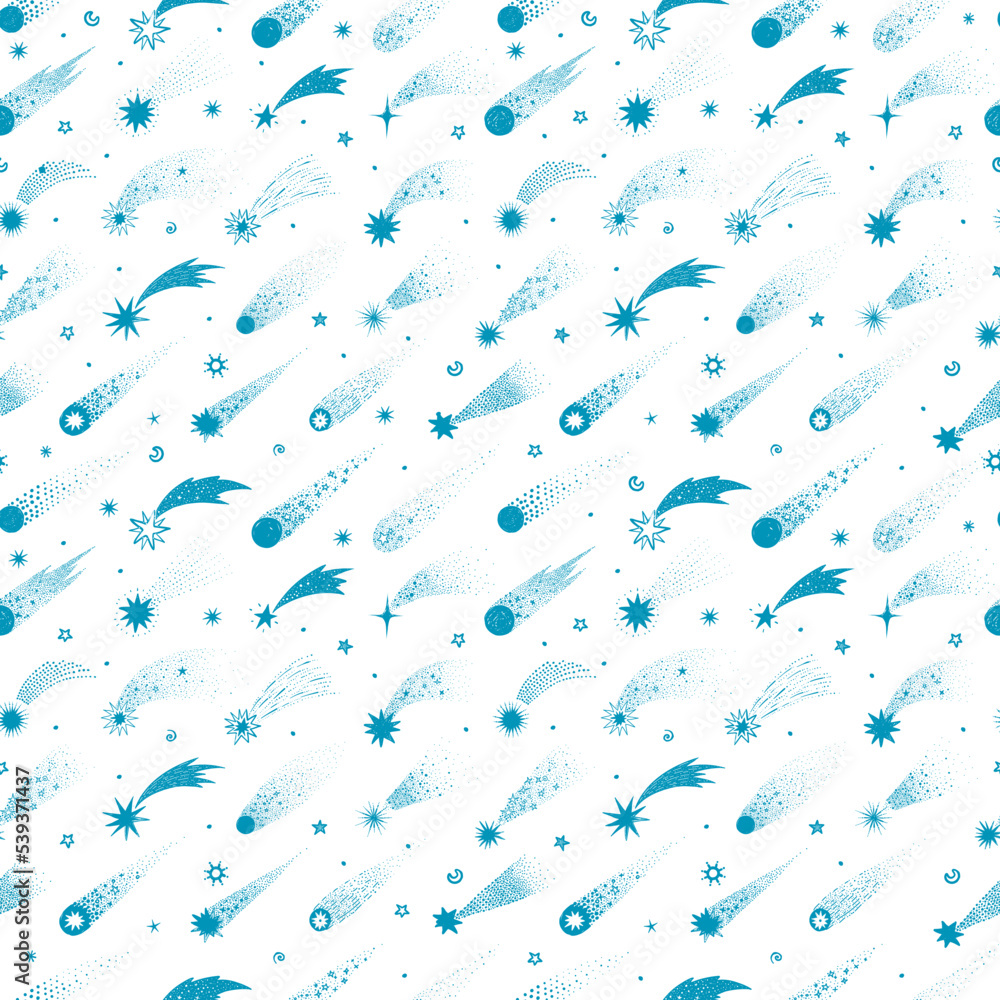 Cartoon sky background with blue shooting stars on white. Seamless space pattern with comets. Can be used for wallpaper, pattern fills, textile, web page background, surface textures. Cartoon sky background with blue shooting stars on white. Seamless space pattern with comets. Can be used for wallpaper, pattern fills, textile, web page background, surface textures.