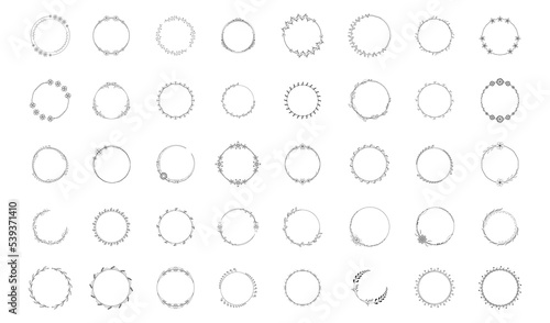 Set Black Simple Line Collection Doodle Round Floral Frame Leaves Elements Vector Design Style Sketch Isolated Illustration For Banner