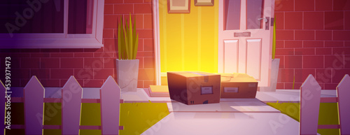 Boxes front of open door, delivery service concept with parcels lying on step mat front of home entrance. Courier work, shipping, logistic cartoon vector illustration with carton packs at house yard