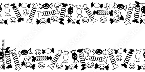 Background, frame of outline candy in different wrappers in Halloween style. Horizontal top and bottom edging, border of sweets. Trick or treat. Background for guising, invitation, party poster