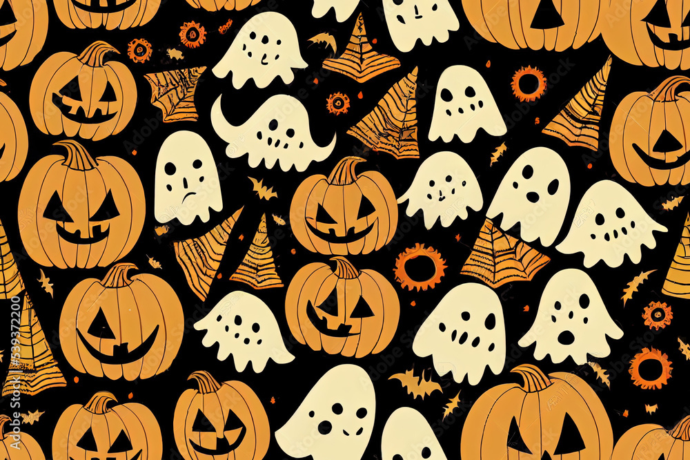 Ghost seamless pattern 2d illustrated Halloween spooky repeat wallpaper scarf isolated tile background devil evil cartoon illustration doodle gift wrap paper design. High quality Illustration Ghost seamless pattern 2d illustrated Halloween spooky repeat wallpaper scarf isolated tile background devil evil cartoon illustration doodle gift wrap paper design. High quality Illustration