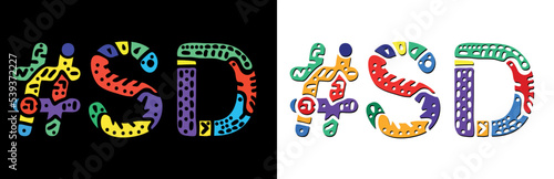 SD Hashtag. Multicolored bright isolate curves doodle letters. Hashtag #SD is abbreviation for the US American South Dakota. Set for social network, web resources, mobile apps.