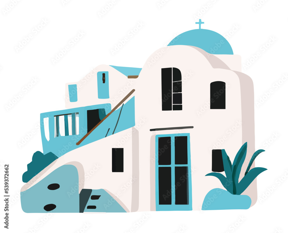 Santorini island, Greece. Beautiful traditional white architecture and traditional houses and churches with Blue domes over the Aegean caldera. Vector flat illustration.
