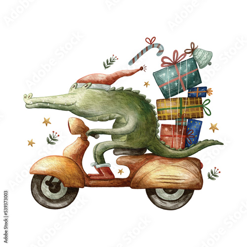 Cute Animal Riding a Scooter and Delivering Gifts, Sweet Christmas Watercolor Illustration