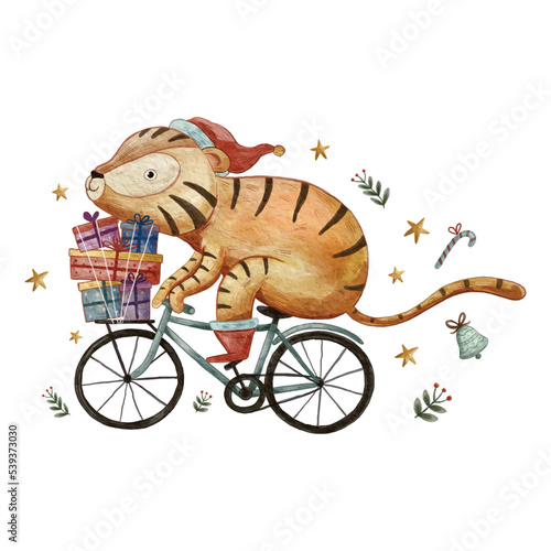 Cute Animal Riding a Bicycle and Delivering Gifts, Sweet Christmas Watercolor Illustration