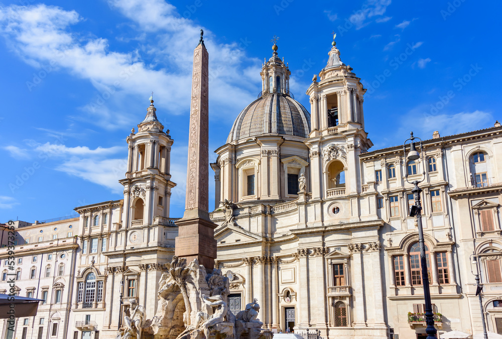 Sant'Agnese in Agone church and Fountain of Four Rivers (Fontana dei Quattro Fiumi) on Piazza Navona square, Rome, Italy