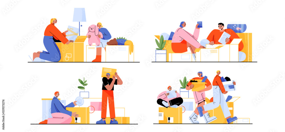 Happy family moving into new house, people relocation. Mother, father and children load, carry boxes and things to home. Characters buying real estate apartments, Line art flat vector illustration Happy family moving into new house, people relocation. Mother, father and children load, carry boxes and things to home. Characters buying real estate apartments, Line art flat vector illustration
