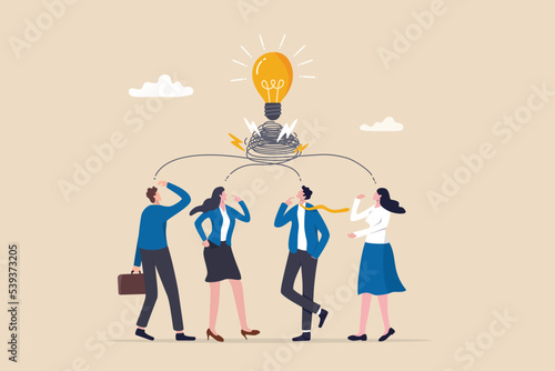 Brainstorming idea, team meeting or discussion for business solution or inspiration, teamwork creativity or collaboration for success concept, business men and women brainstorming new lightbulb idea Fototapet