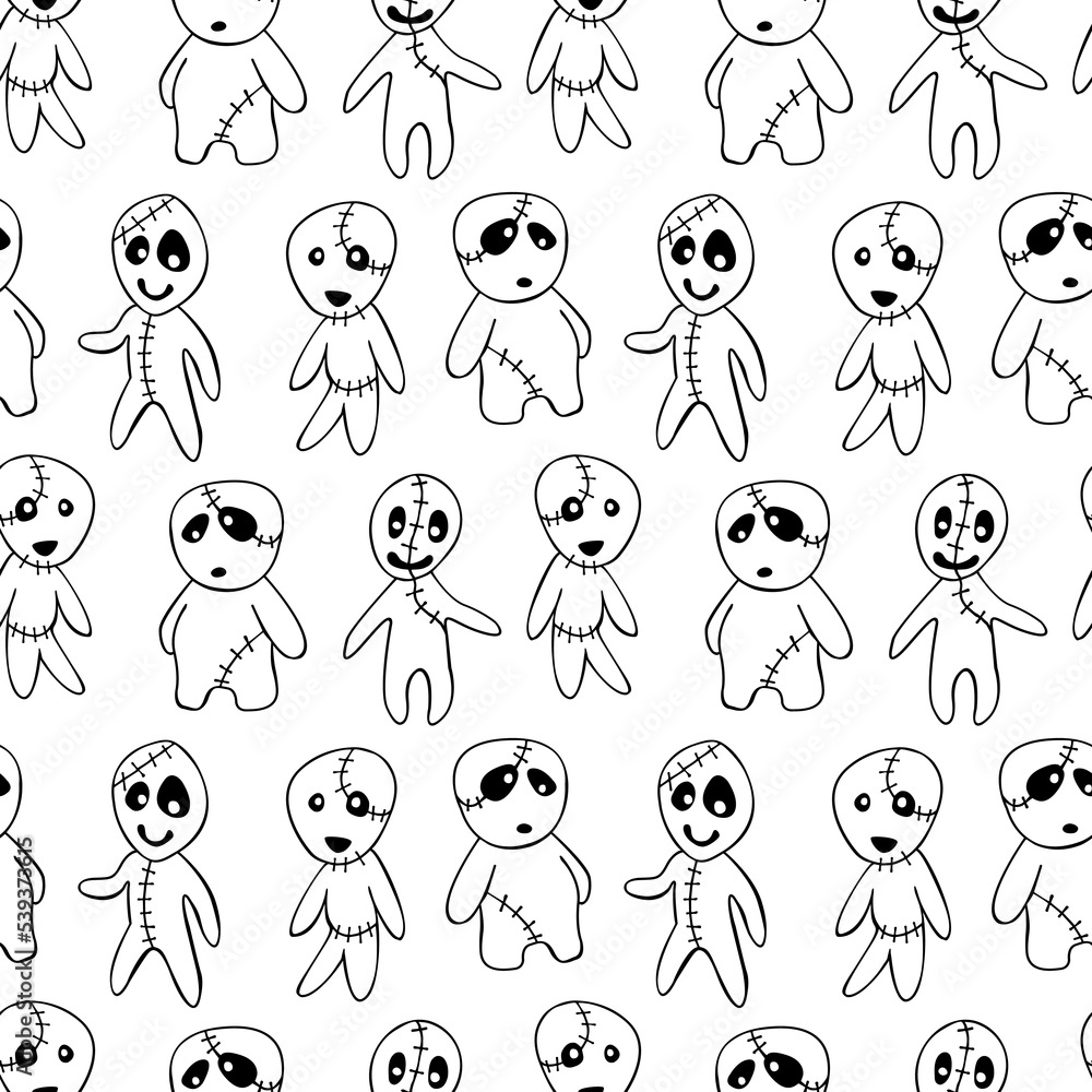 Vector seamless pattern with cute zombies in cartoon style. Outline doodle illustration isolated. Halloween backgrounds and textures. For holiday design, greeting card, wrap, web. Vector seamless pattern with cute zombies in cartoon style. Outline doodle illustration isolated. Halloween backgrounds and textures. For holiday design, greeting card, wrap, web.