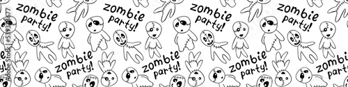 Vector seamless pattern with cute outline zombies in doodle flat style. Zombie party - lettering. Halloween backgrounds and textures.