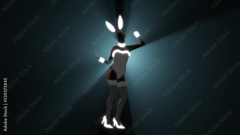 Beautiful bunny girl dancing and performing in front of volumetric light on black background with dust particles. 3D character animation. Beautiful bunny girl dancing and performing in front of volumetric light on black background with dust particles. 3D character animation.