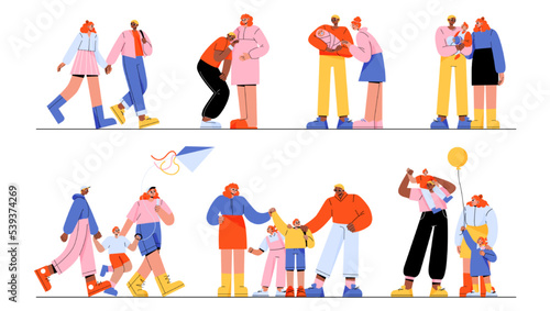 Happy family relations and kid growth stages, mother and father parenting. Young couple walk together, pregnancy, waiting child, care of newborn, toddler and infants Line art flat vector illustration