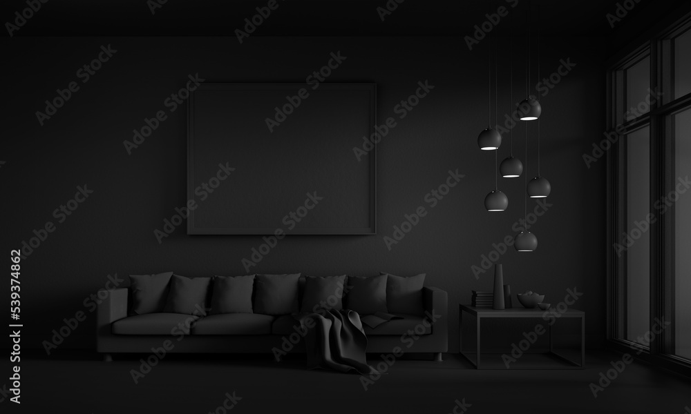Stylish large dark gray painted living room with black sofa, pillows and coffee table - 3D illustration Stylish large dark gray painted living room with black sofa, pillows and coffee table - 3D illustration