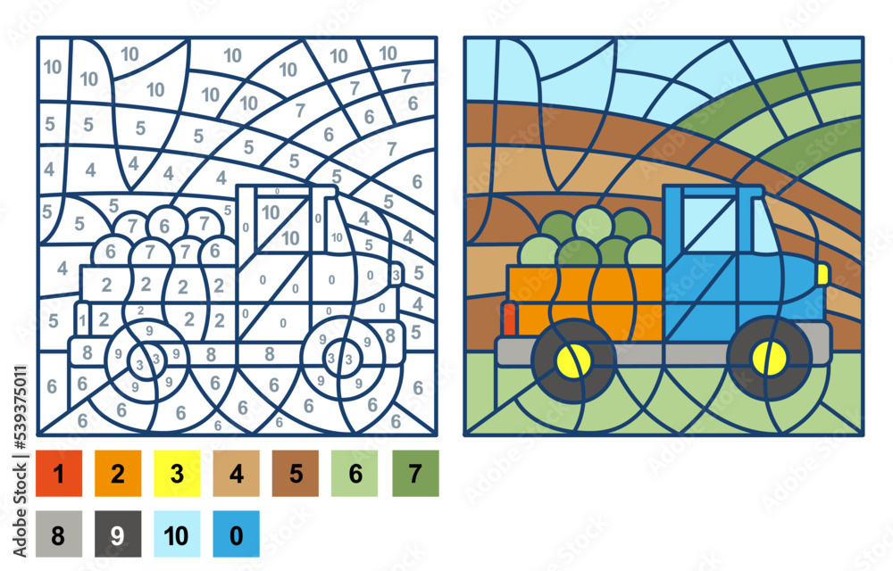 Puzzle game pickup car, color by number sheet for children. Vector coloring page for learning