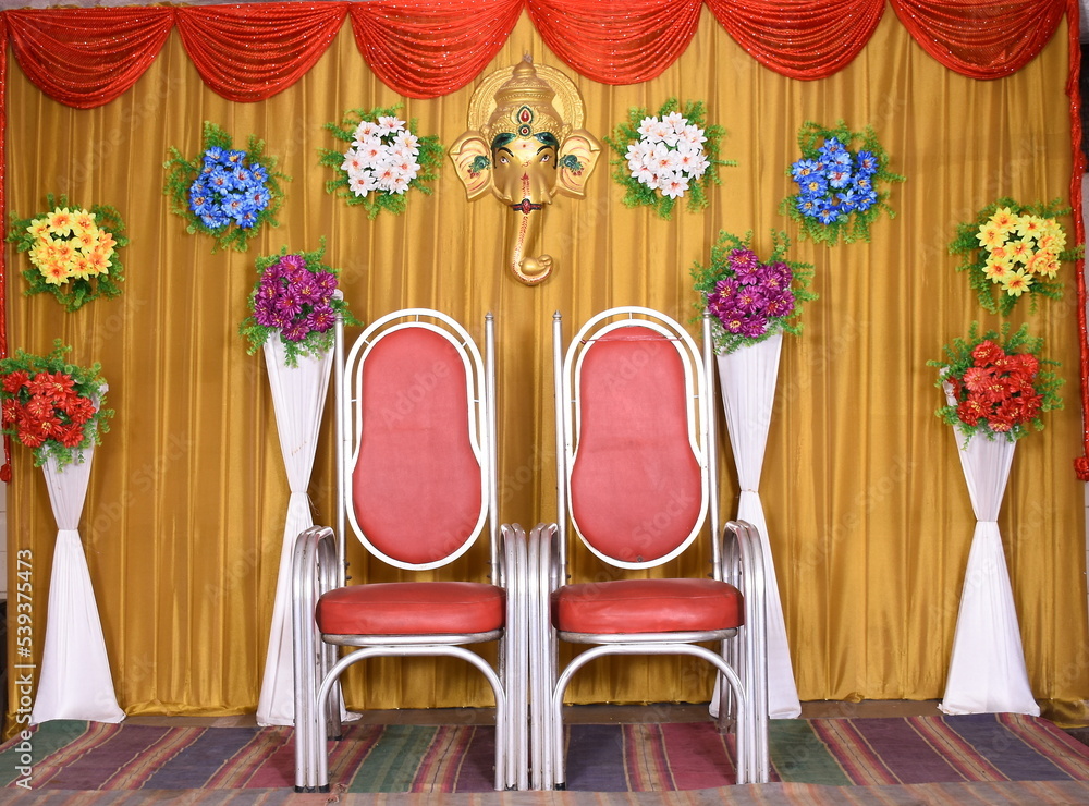 white theme stage decoration with yellow satin cloth in the background  Stock Photo | Adobe Stock