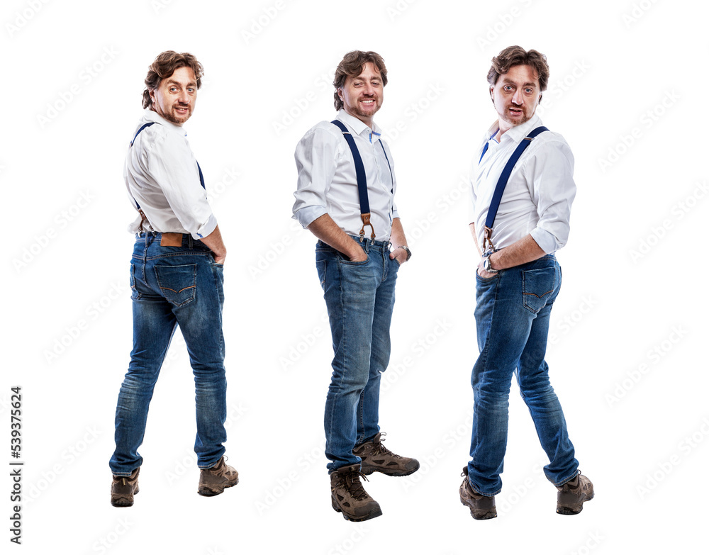 The man is standing half a turn. Red-haired curly guy in jeans and a white shirt with suspenders. Full height. Collage. Panorama format. Isolated on white background. The man is standing half a turn. Red-haired curly guy in jeans and a white shirt with suspenders. Full height. Collage. Panorama format. Isolated on white background.