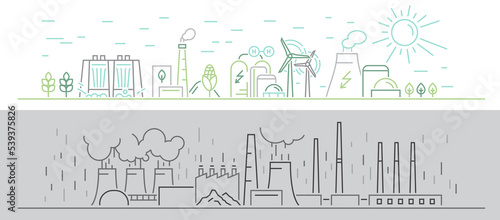 Green power production in comparison with polluting energy. Editable vector illustration.