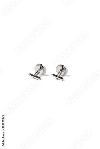 Close-up shot of elegant fabric covered cufflinks. Metal round cufflinks for a suit are isolated on a white background. Back view.