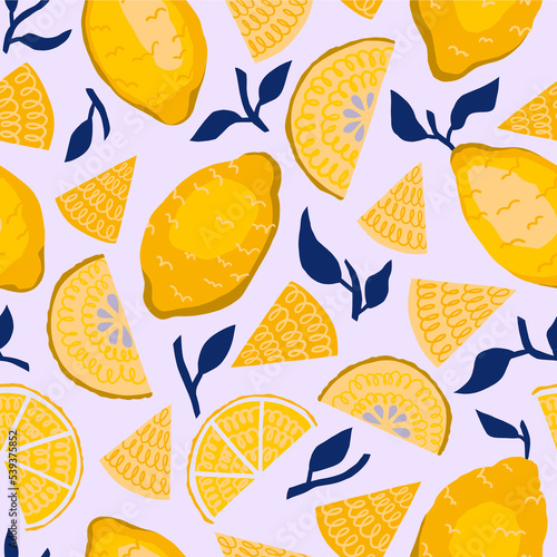 Juicy yellow pattern with lemons for textiles in the style of minimalism