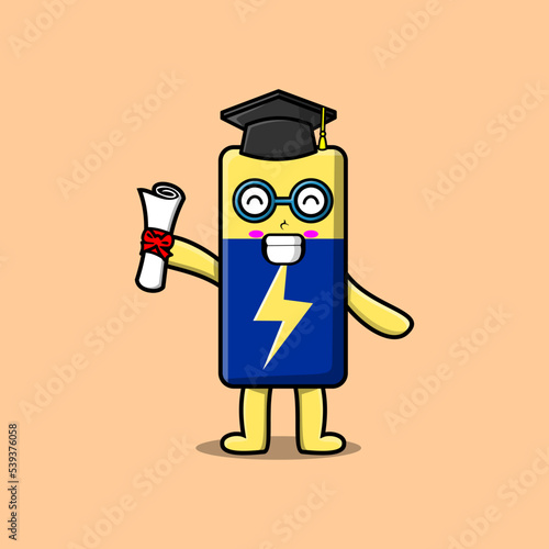 Cute cartoon Battery student character on graduation day with toga in concept flat cartoon style